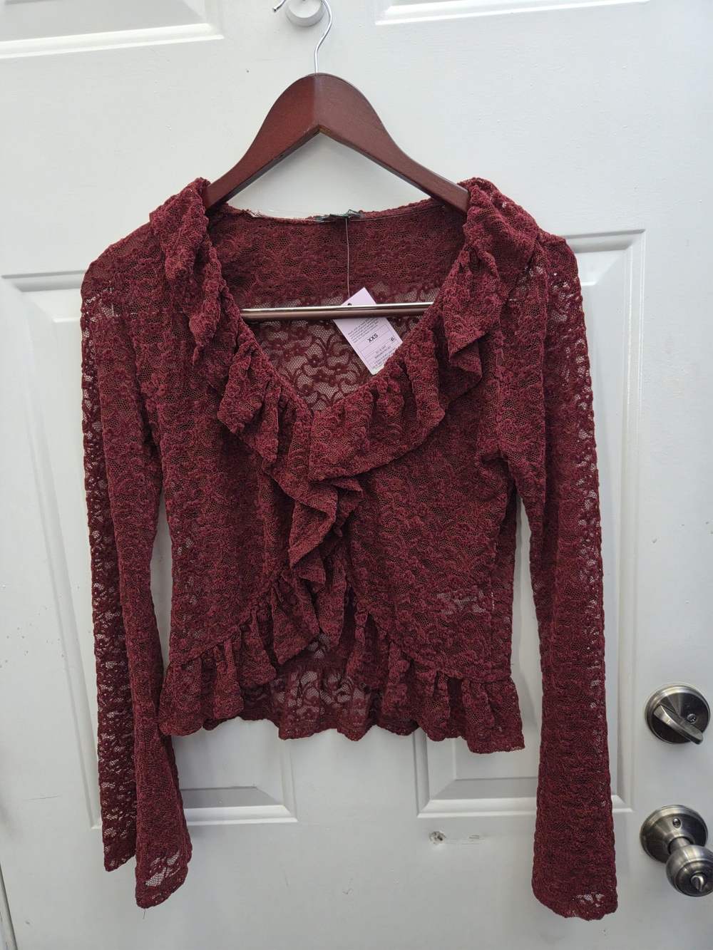 wild fable Burgundy Lace Ruffle-Trim Long Sleeve Top